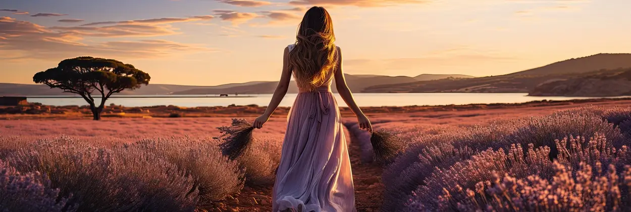 happy-caucasian-woman-with-long-hair-hat-walking-through-purple-lavender-flowers-fieldback-view-generative-ai (1)