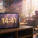 A modern digital clock displays 14:41 with golden and purple light rays. A blurred figure sits introspectively in a cozy room.
