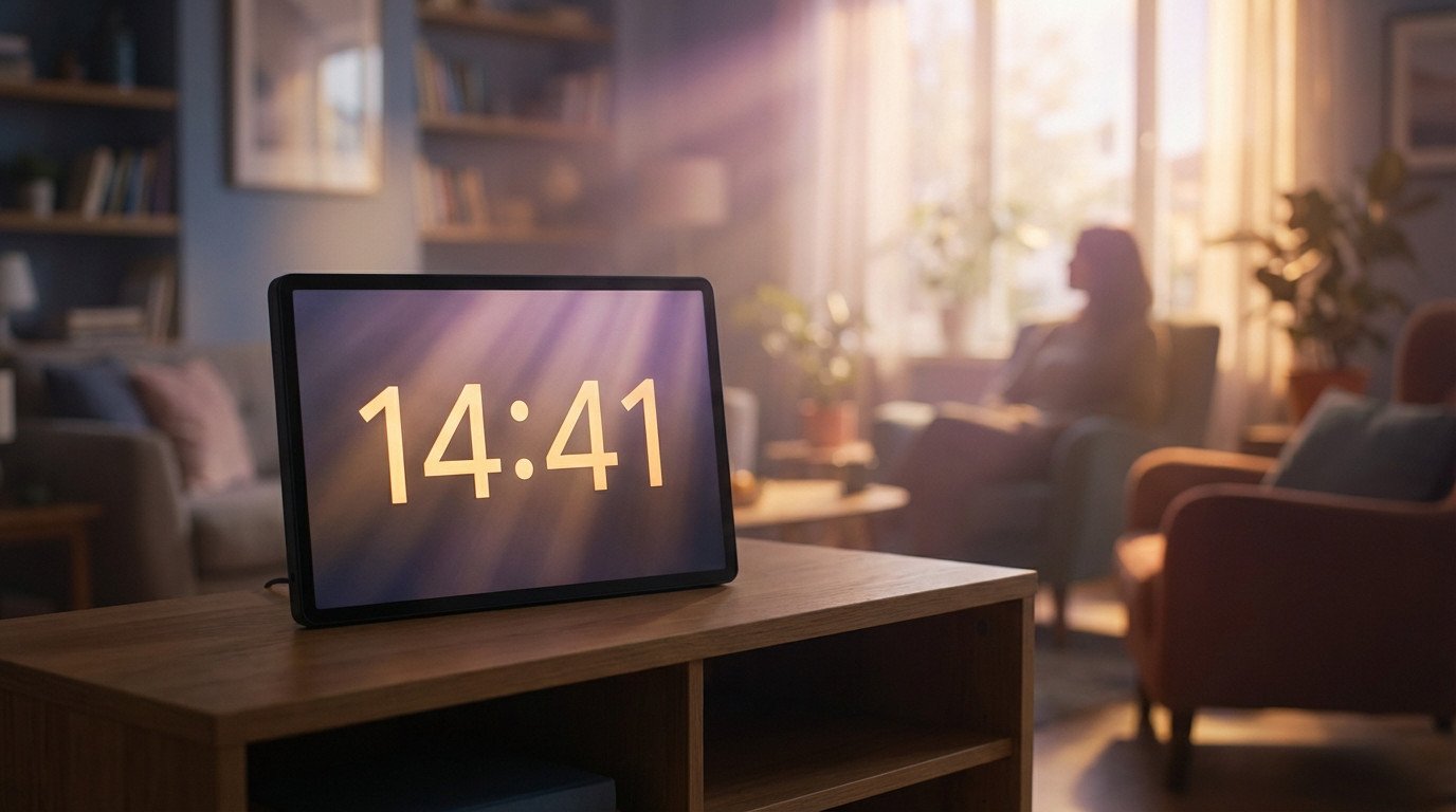 A modern digital clock displays 14:41 with golden and purple light rays. A blurred figure sits introspectively in a cozy room.