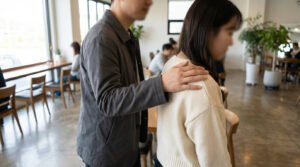 Medium shot of a man's hand on a woman's shoulder in a modern cafe, faces blurred. The gesture is subtle and ambiguous.