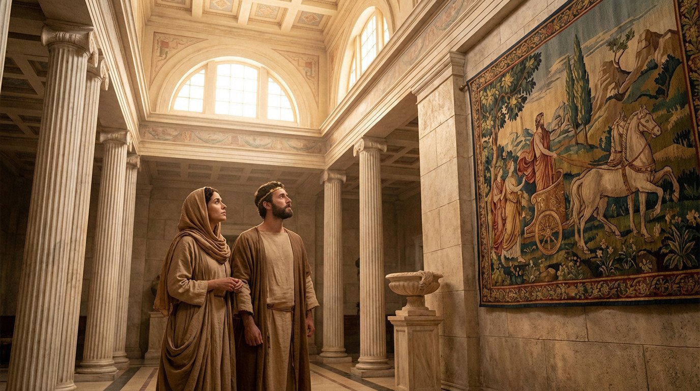 Two figures in ancient robes admire a large mythological tapestry depicting a chariot scene in a grand palace with columns and warm light.