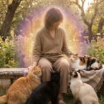 A serene figure with a glowing aura sits on a stone bench in a sunlit garden, surrounded by a ginger, black, Siamese, and calico cat.