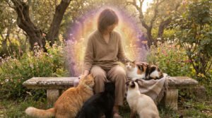 A serene figure with a glowing aura sits on a stone bench in a sunlit garden, surrounded by a ginger, black, Siamese, and calico cat.