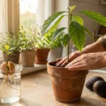 A person's hands gently tend to a young avocado plant in a pot. A germinating pit, ripe avocados, and sunlight are visible.