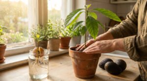 A person's hands gently tend to a young avocado plant in a pot. A germinating pit, ripe avocados, and sunlight are visible.