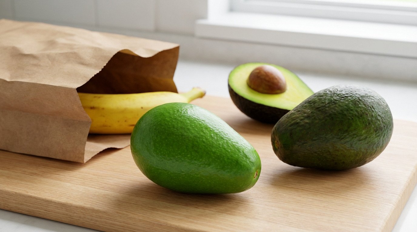 Three avocados on a wood board showing ripening stages: unripe, ripe, and cut open with pit. Banana in bag for ripening.