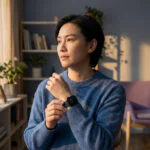 Medium shot of an individual in a blue sweater, looking introspective while adjusting a smartwatch showing 15:55, bathed in warm light.