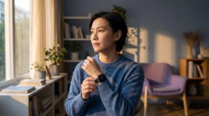 Medium shot of an individual in a blue sweater, looking introspective while adjusting a smartwatch showing 15:55, bathed in warm light.