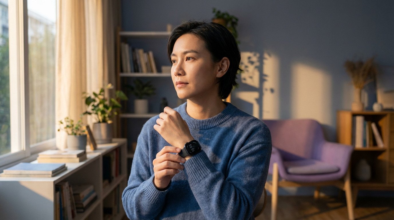Medium shot of an individual in a blue sweater, looking introspective while adjusting a smartwatch showing 15:55, bathed in warm light.