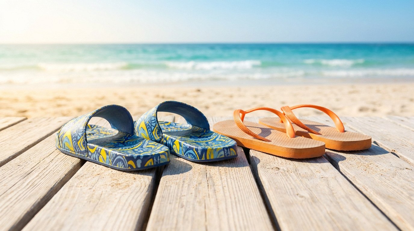 Une paire de claquettes bleues et une paire de tongs oranges sur une terrasse en bois, avec la mer et la plage en arrière-plan flou, sous un soleil éclatant.