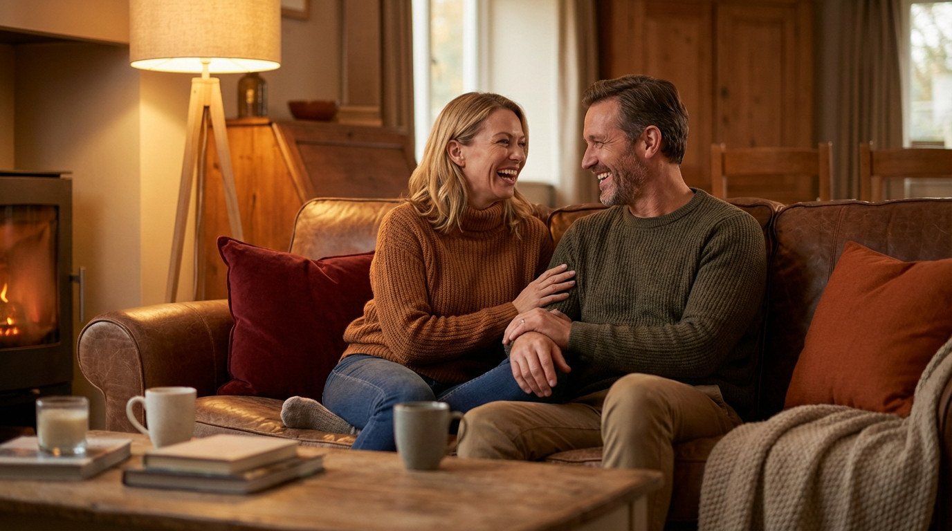 A couple shares a joyful laugh on a cozy brown leather sofa in a warm living room, illuminated by a fireplace and lamp.