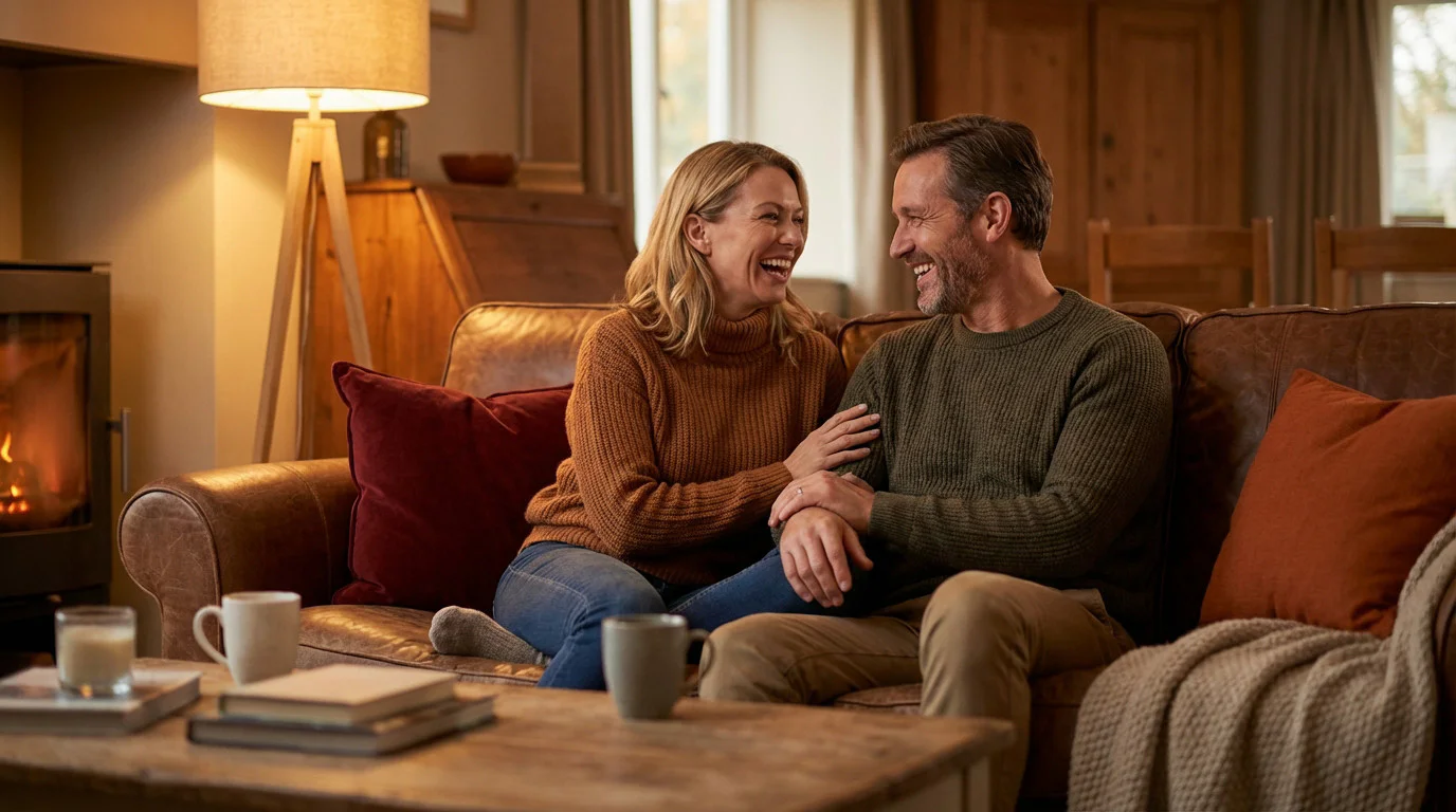 A couple shares a joyful laugh on a cozy brown leather sofa in a warm living room, illuminated by a fireplace and lamp.
