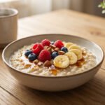 A bowl of creamy porridge with raspberries, blueberries, banana, almonds, and syrup on a wooden table. Soft morning light.