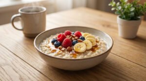 A bowl of creamy porridge with raspberries, blueberries, banana, almonds, and syrup on a wooden table. Soft morning light.