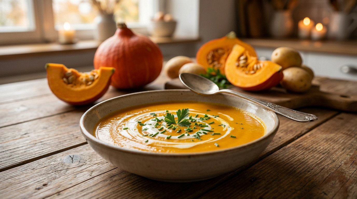 A beautifully presented bowl of creamy red kuri squash and potato velouté, garnished with cream and herbs, on a rustic table with ingredients.