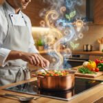 Chef in modern kitchen stirs pot; steam becomes glowing symbols of ideas, creativity, growth. Fresh ingredients on counter.