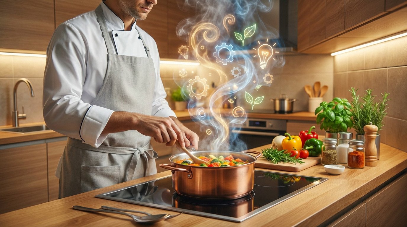 Chef in modern kitchen stirs pot; steam becomes glowing symbols of ideas, creativity, growth. Fresh ingredients on counter.