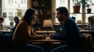 A man and woman share an intense, emotional gaze across a cafe table, hands clasped, in a softly lit, warm environment.