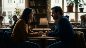 A man and woman share an intense, emotional gaze across a cafe table, hands clasped, in a softly lit, warm environment.