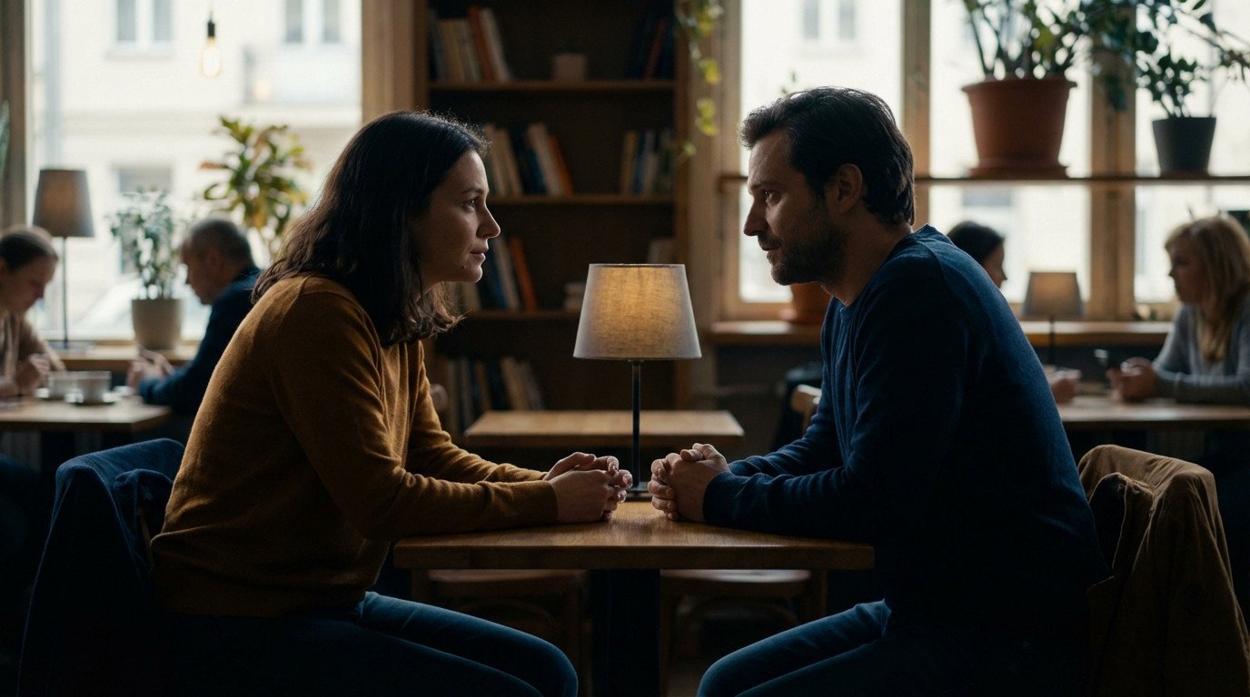 A man and woman share an intense, emotional gaze across a cafe table, hands clasped, in a softly lit, warm environment.