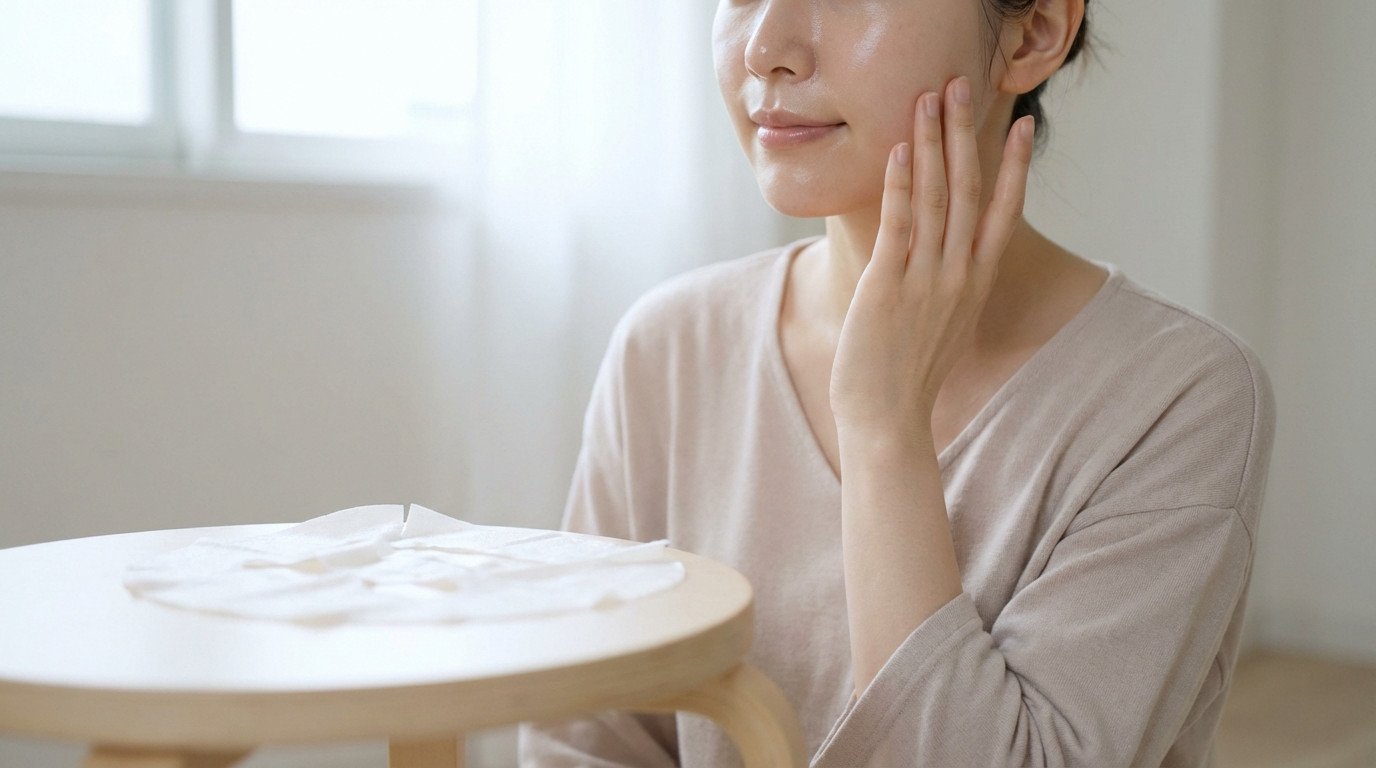 A woman with luminous, hydrated skin gently touches her cheek. A folded Korean sheet mask is on a table, suggesting a beauty routine.