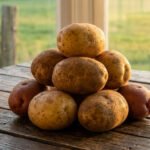 A close-up of clean, freshly harvested potatoes on a rustic wooden surface with a woven basket, under warm light.