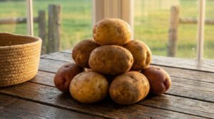 A close-up of clean, freshly harvested potatoes on a rustic wooden surface with a woven basket, under warm light.