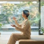 A woman meditates in a sunlit modern room, eyes closed, hands raised. Colorful light patterns symbolize creative energy and peace.