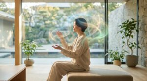A woman meditates in a sunlit modern room, eyes closed, hands raised. Colorful light patterns symbolize creative energy and peace.