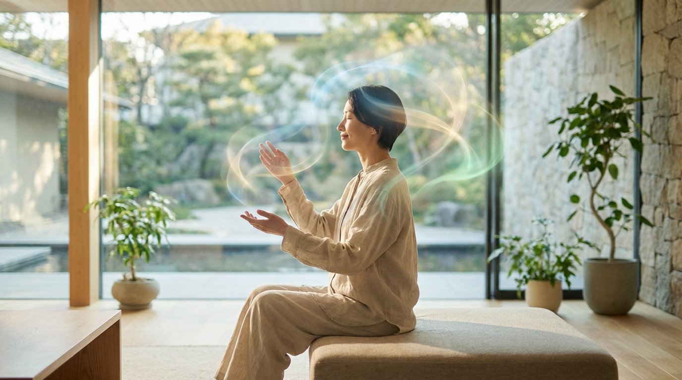 A woman meditates in a sunlit modern room, eyes closed, hands raised. Colorful light patterns symbolize creative energy and peace.