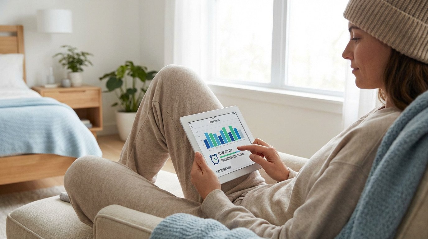 A relaxed individual reviews personalized sleep cycle data on a tablet in a serene, sunlit bedroom, optimizing their rest.