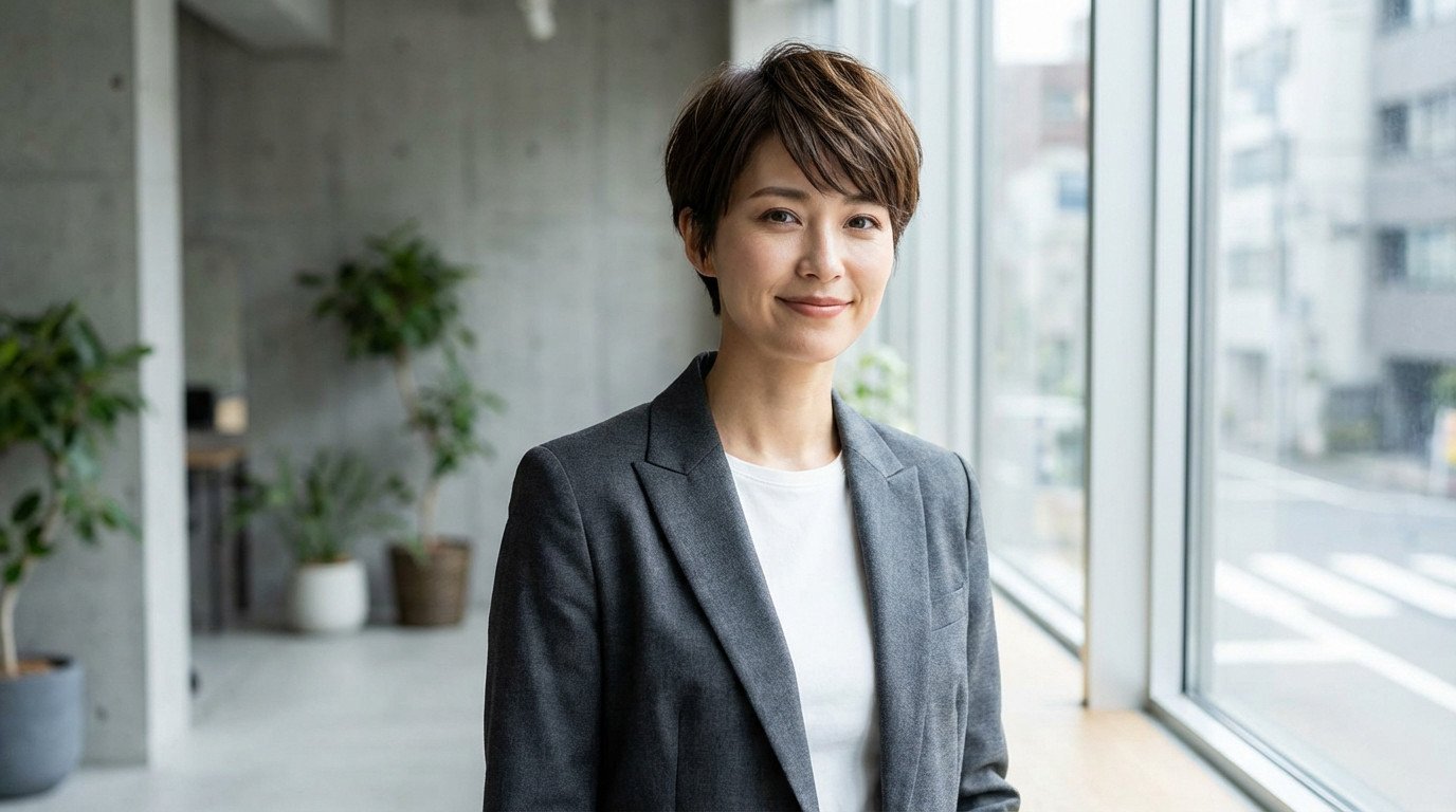 Medium shot of a confident woman with a chic, textured short haircut, wearing a grey blazer, smiling in a bright modern office.