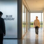 Image shows a man transitioning from a blue-toned space with 'Blue Monday' text to a bright, warm hallway, smiling, with a screen saying 'Myth Debunked: Empower Your Day.'