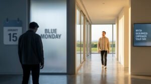 Image shows a man transitioning from a blue-toned space with 'Blue Monday' text to a bright, warm hallway, smiling, with a screen saying 'Myth Debunked: Empower Your Day.'