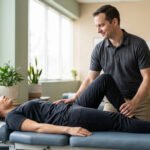 A chiropractor gently examines a patient's leg on a modern treatment table in a bright clinic, conveying professional care and hope.