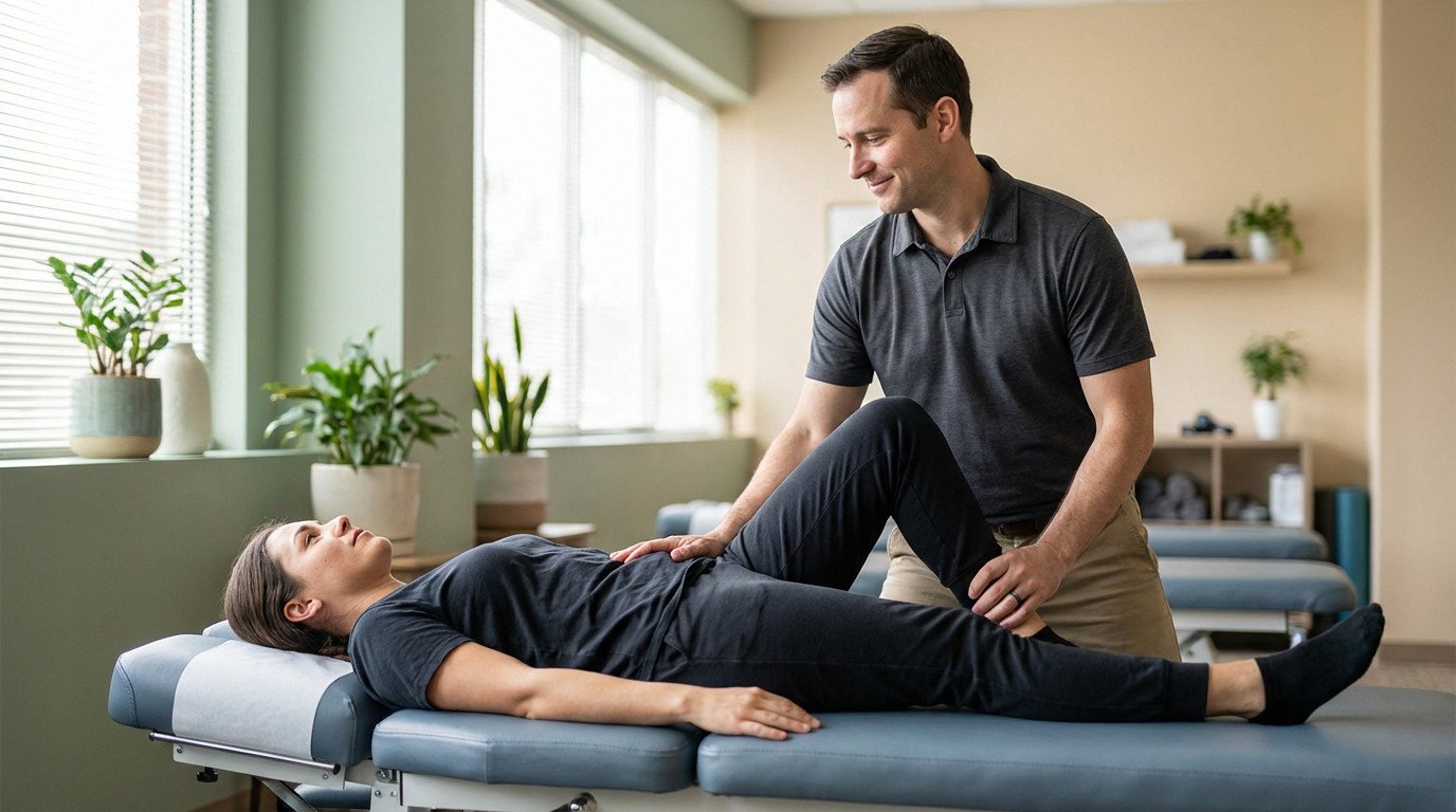 A chiropractor gently examines a patient's leg on a modern treatment table in a bright clinic, conveying professional care and hope.