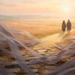 Two figures emerge from flowing grey ribbons onto a sunlit path, gazing towards a golden horizon, symbolizing liberation from constraint.