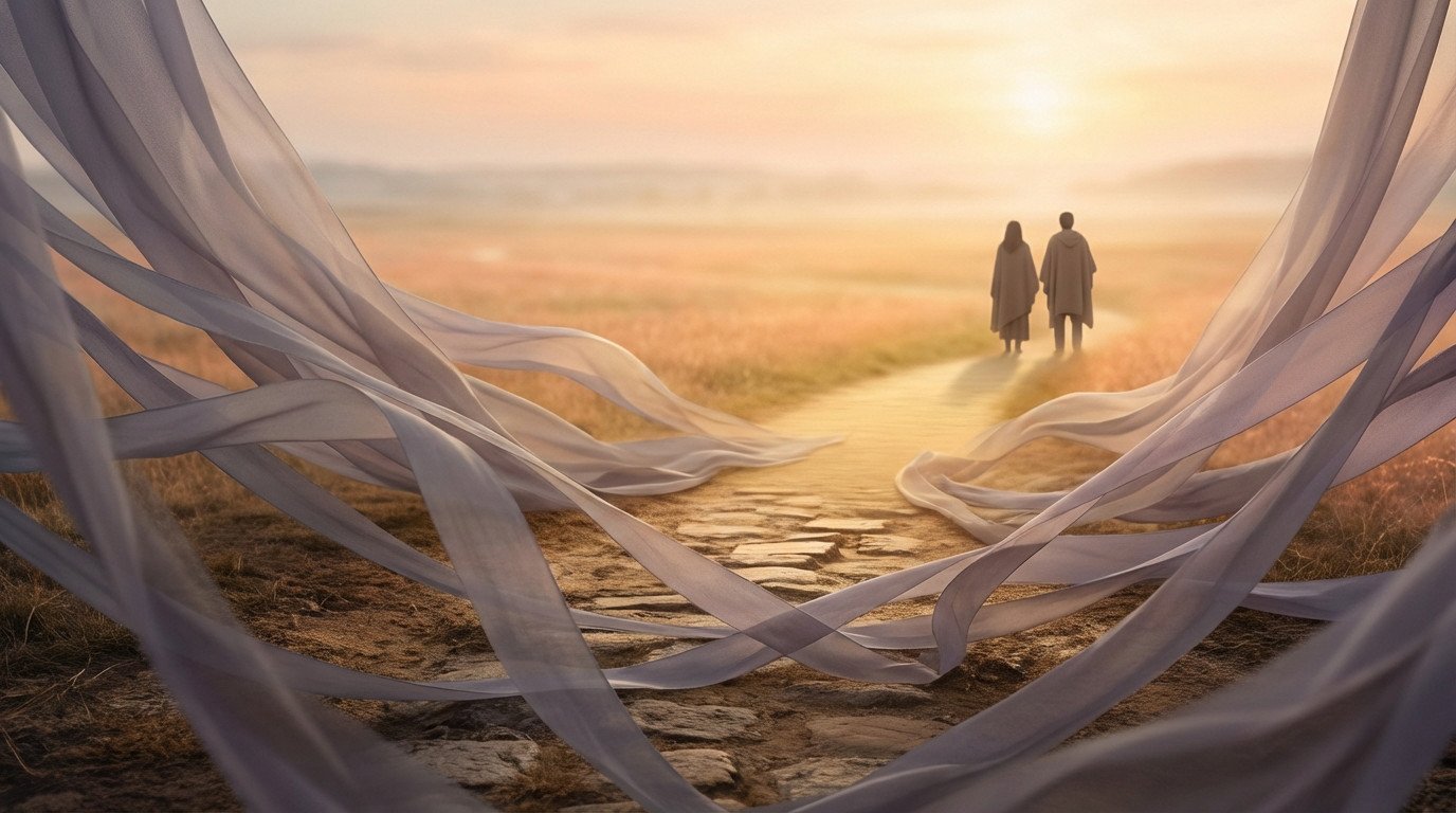 Two figures emerge from flowing grey ribbons onto a sunlit path, gazing towards a golden horizon, symbolizing liberation from constraint.