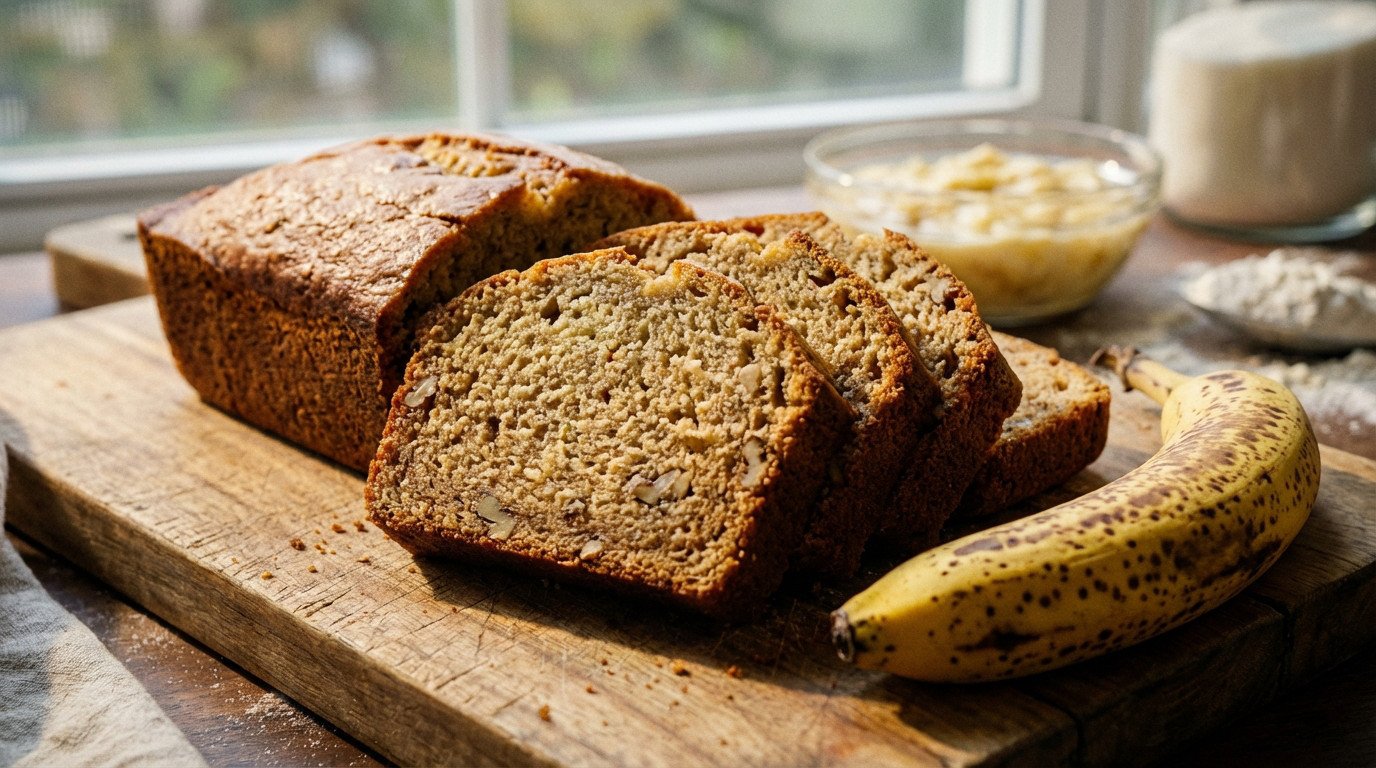 Golden-brown banana bread, sliced to show moist crumb, on a wood board with a ripe banana. Mashed bananas and flour in background. Natural light.