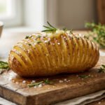 A golden brown Hasselback potato with fanned slices, garnished with rosemary, thyme, sea salt, and melted butter, on a wooden board.