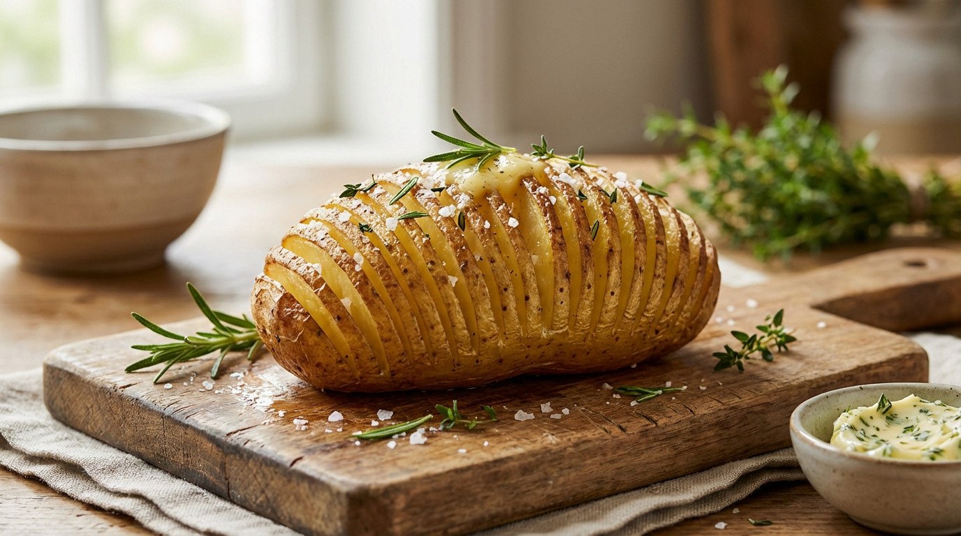 A golden brown Hasselback potato with fanned slices, garnished with rosemary, thyme, sea salt, and melted butter, on a wooden board.