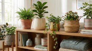 Vibrant green plants in diverse cache-pots (ceramic, terracotta, metal, woven) on a wooden shelf in a bright, sunlit living room.