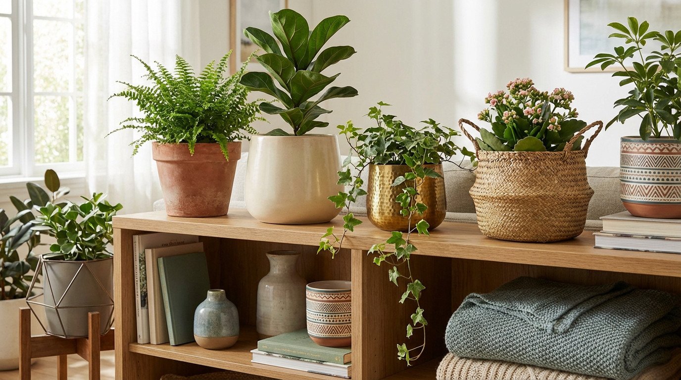 Vibrant green plants in diverse cache-pots (ceramic, terracotta, metal, woven) on a wooden shelf in a bright, sunlit living room.