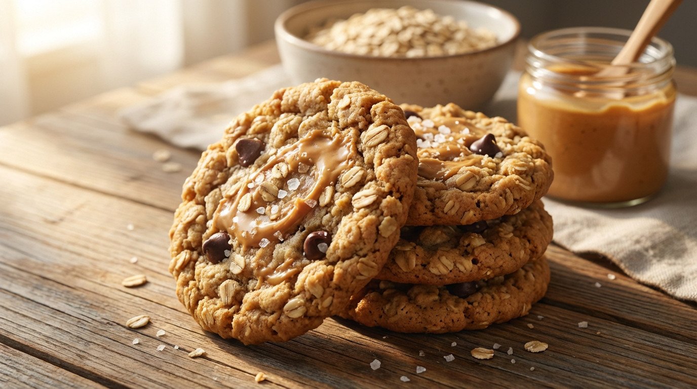 Close-up of three healthy oatmeal peanut butter cookies with chocolate, sea salt, and peanut butter swirls on rustic wood. Warm light.