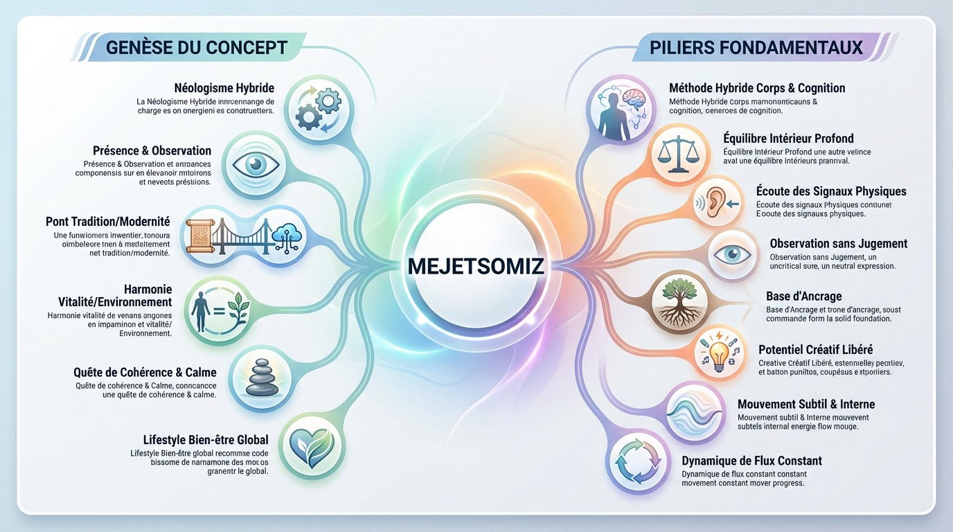 Infographie détaillant la genèse et les piliers fondamentaux de la méthode Mejetsvomiz