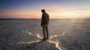 Person on subtly fractured earth, golden light from fissures. Dawn sky, blue to orange. Conveys inner insight and renewal.