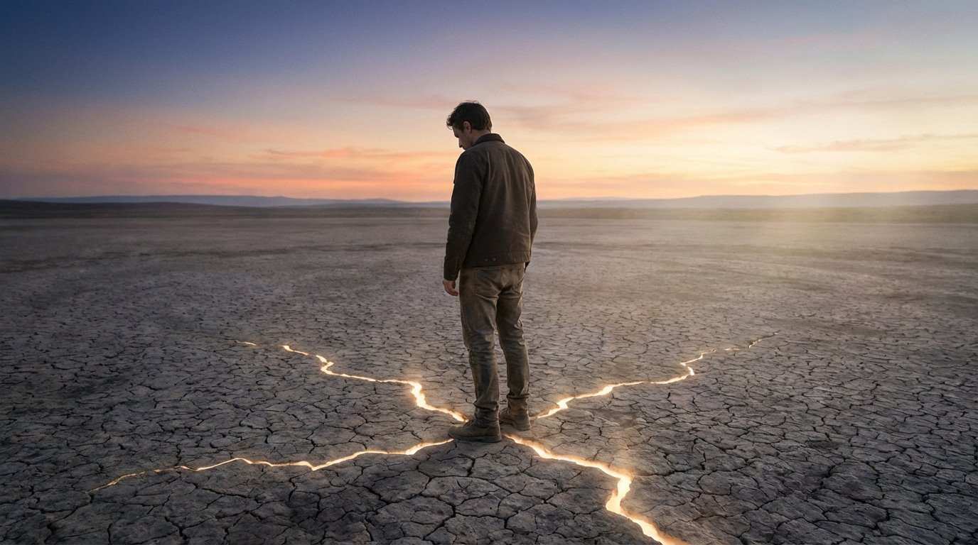 Person on subtly fractured earth, golden light from fissures. Dawn sky, blue to orange. Conveys inner insight and renewal.