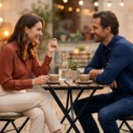 Smiling man and woman enjoying a relaxed conversation at a cozy outdoor cafe with warm evening lights and coffee.