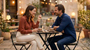 Smiling man and woman enjoying a relaxed conversation at a cozy outdoor cafe with warm evening lights and coffee.