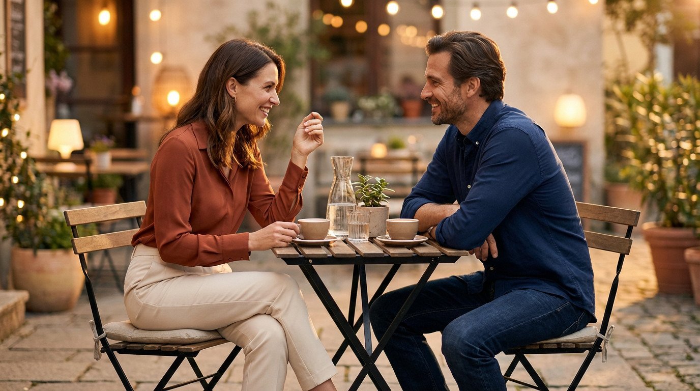 Smiling man and woman enjoying a relaxed conversation at a cozy outdoor cafe with warm evening lights and coffee.